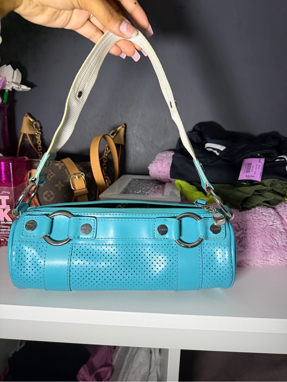 Guess Turquoise Mini Barrel Shoulder Bag with Cream Strap